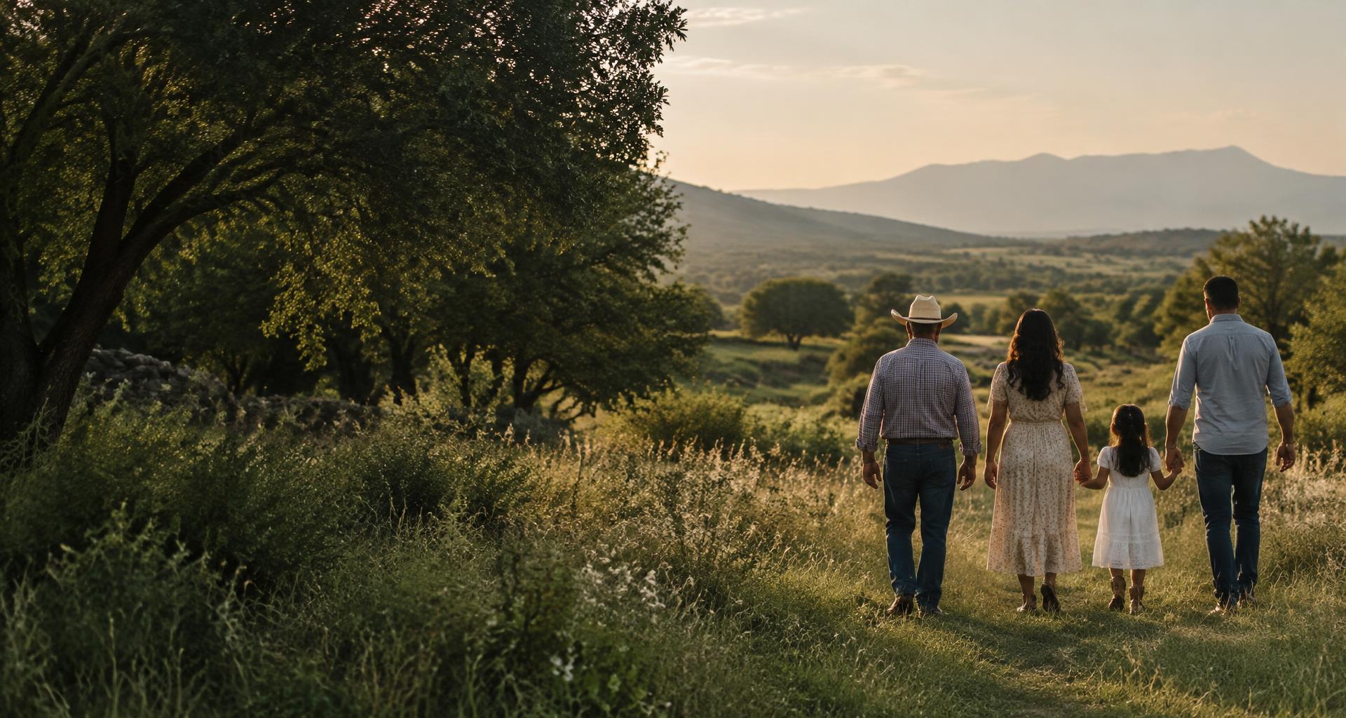 Familia caminando unida en un paisaje del Bajío